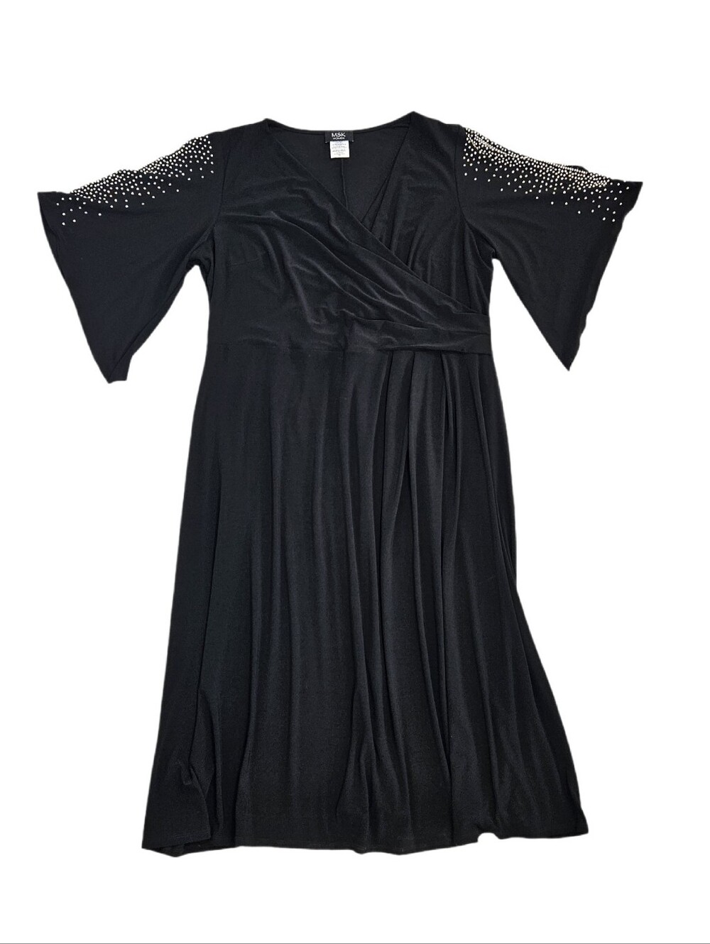 MSK Midi Dress Event Black Womens 2x Surplice Neck Rhinestone 3/4 Sleeve Stretch